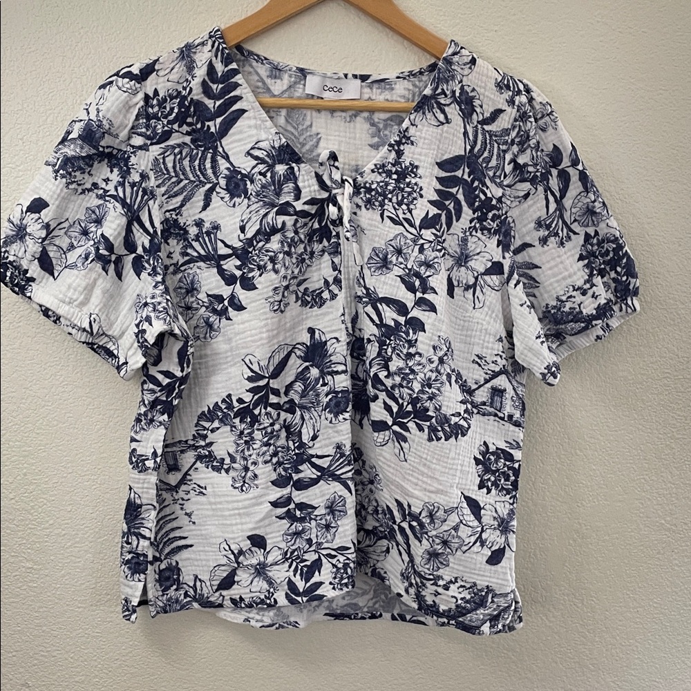 CeCe White Navy Floral scene Puff Sleeve Blouse 100% cotton XL 23x25